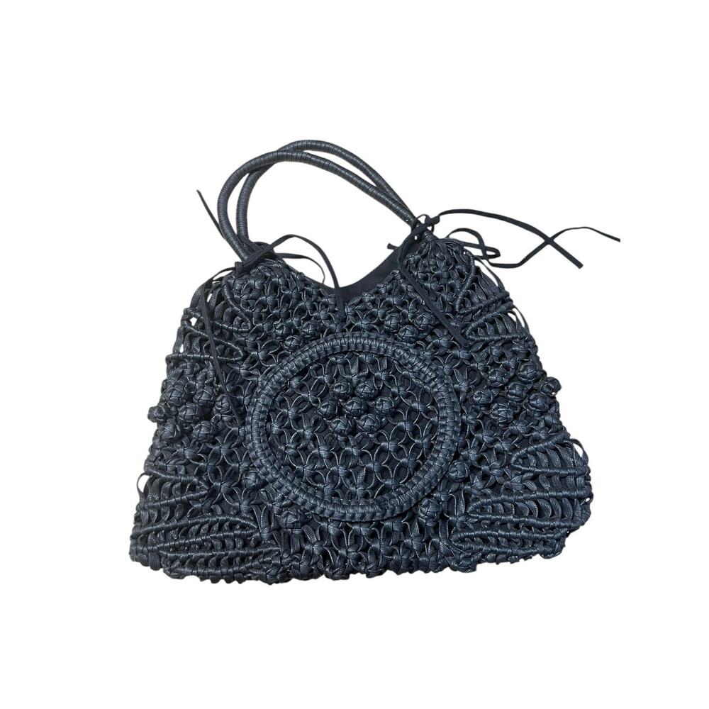 DAVID & SCOTTI Boho Black LARGE LEATHER CROCHETED TOTE BAG Purse Handbag
